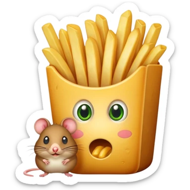 French fry that has eyes that is eating a mouse that is eating an andocanda sticker