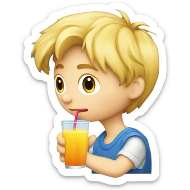 A blonde boy sucking or drinking juice with a straw while his hand is holding the drink, profile view sticker