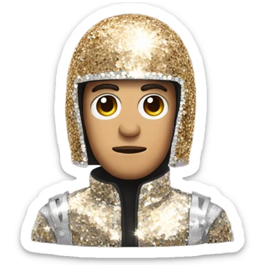 Man in a sequin jack and mirror helmet sticker
