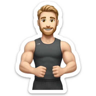 Close up Actively gesturing  with hands Pale skinned Fit Man With the biceps and brown hair in dark gray Sleeveless Mike, black oversize sports shorts, watch and white Sneakers sticker