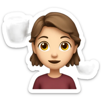 girl with brown hair, burgundy shirt with a large mug in her hand sticker