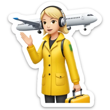 ramp agent at airport wearing bright yellow coat and headphones, directing aircraft sticker