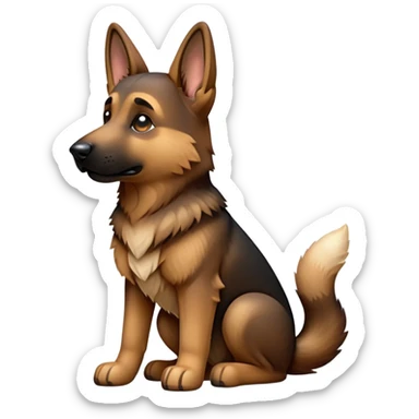cinematic-[german shepherd]-realistic-full-body-sitting-emoji,-tail-resting-loosely-beside-its-paws,-head-tilted-dramatically,-sleek-[brown and black]-fur,-simplified-yet-realistic-focused-features,-highly-detailed,-glowing-with-an-almost-sarcastic-glow sticker
