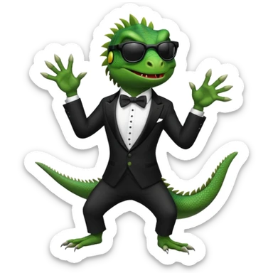 capitalist iguana in tuxedo with black sunglasses dancing sticker