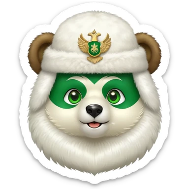 Happy Russian bear with bright green eyes, white fur ushanka hat with double-headed eagle insignia, cute facial expression sticker