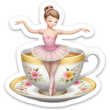 Porcelain tea cup with a floral pattern, steam rising, wearing a ballet tutu and in a graceful dance pose sticker