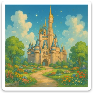 a disney castle, golden spires, lush gardens, sparkling details sticker