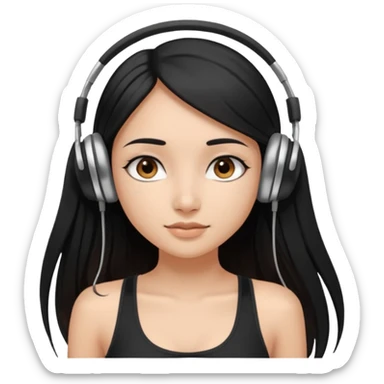 a fair indian girl with straight black long hair, wearing a black cami top. and wearing silver  headphones on sticker