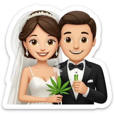 Bride in white dress and groom in tuxedo sharing a cannabis joint, cheerful cartoon wedding couple sticker