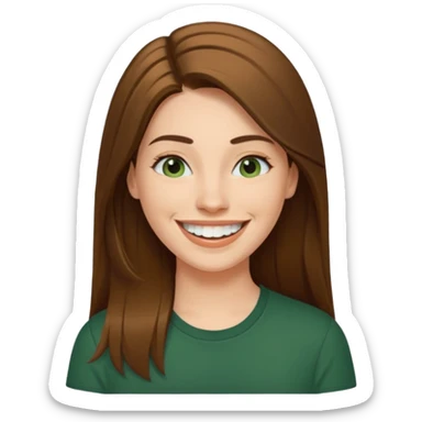 30 yr Caucasian woman long brown straight hair parted on side dark green shirt big smile white teeth sticker