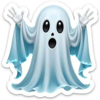 A hilariously exaggerated floating sheet ghost, its simple yet expressive form billowing with animated energy in vibrant whites and pale blues, with two wide, comically shocked eyes and a quirky, startled mouth, simplified yet overflowing with personality, highly detailed with a soft neon-like glowing outline, capturing the playful absurdity of a ghost caught off guard! sticker