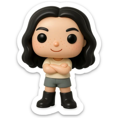 Create a Funko Pop style vinyl figure with realistic details. The figure has a cream-colored top, grey bottoms, dark boots, arms crossed, slightly rosy cheeks, very light freckles, a mischievous and cheerful expression, dark hair, and no mouth. The background should be transparent. sticker