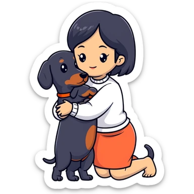 black hair asian girl hugging black dachshund sticker