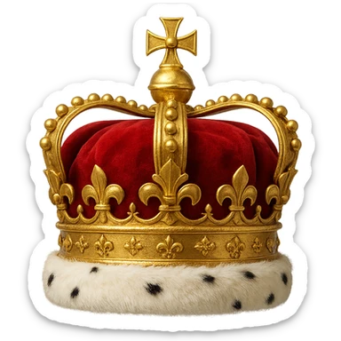 classic gold crown with red velvet and white fur trim, regal style sticker