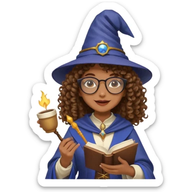 A Joyful Adult Female with Brown skin and Curly hair, wearing a Traditional outfit, a Wizard hat, Sunglasses, carrying a Spellbook, working as a farmer, while drinking Coffee and reading a Textbook. sticker