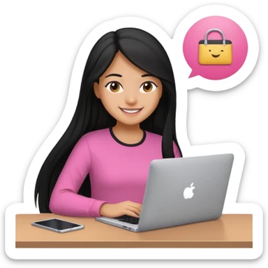 girl with black long hair working in a macbook, pink shirt, smily sticker