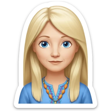 50 yr old white woman, hippie part bangs, very long straight blond hair, oval face, small smile, blue eyes, thin face, hair downback, hair parted at center of head, round cheeks, pale, longer hair, dress shirt sticker