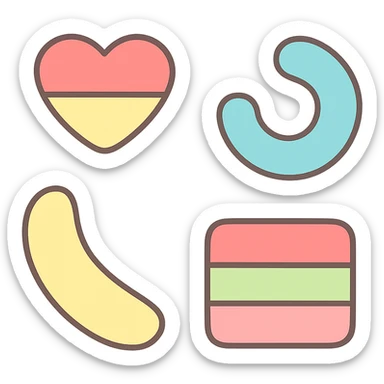 Create a pastel candy pastille icon inspired by the shapes and colors in the reference image. Use soft, rounded forms and pastel tones, minimal details, with a transparent background. sticker