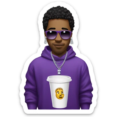 rapper with diamond chain, monogram sweater, white stirofoam cup with purple liquid sticker
