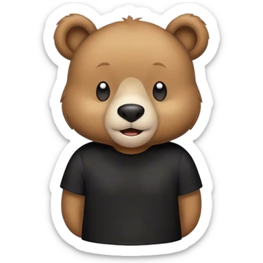 Create a cute emoji-style illustration of a light brown bear wearing a black t-shirt, with a white outline around its mouth. Simple design, vibrant colors, friendly expression, and transparent background sticker