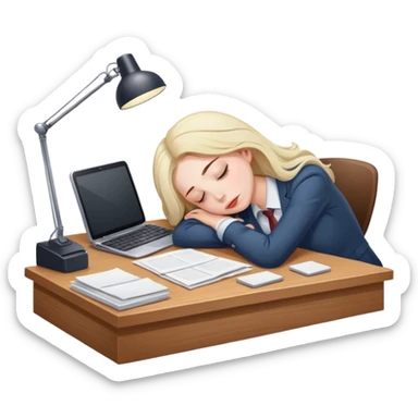 Exhausted office worker woman napping at plain desk, no computer sticker