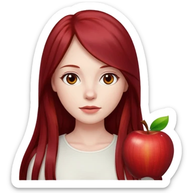 woman, pale skin, long straight dark red hair with layers, brown eyes, white top, apple emoji style sticker