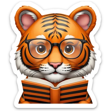 tiger face holding book wearing glasses for Twitch emote sticker
