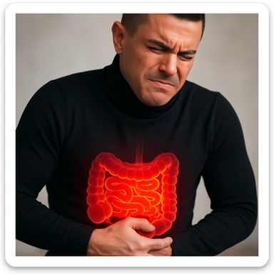 Realistic style image of a man with a curved posture, both hands on the abdomen, expression of strong discomfort, inflamed intestine highlighted. Focus on the abdomen. sticker