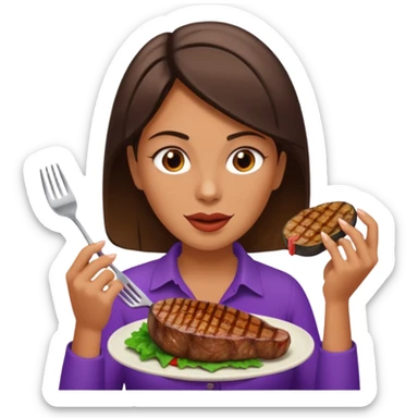 Woman eating steaks and eggplant sticker