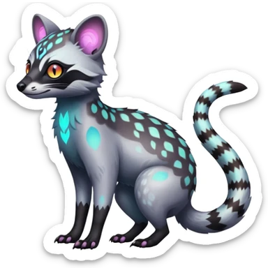 Rare iridescent white exotic epic aesthetic colorful Trico-Genet-Civet-species-Fakemon-hybrid-creature, with intricate tattoo markings, full body sticker