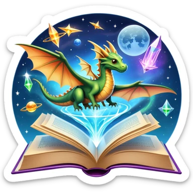 Icon for Fantasy and Sci-Fi Reading: an open book with magical creatures like dragons and fairies flying out, with a futuristic spaceship in the sky and a wizard casting spells. The icon should represent the magic and adventure of fantasy and science fiction worlds. Transparent background. sticker