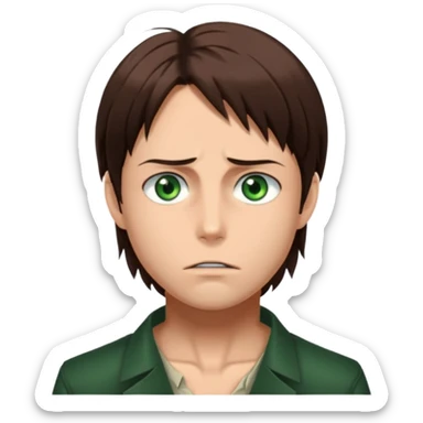 “Create an avatar that looks like Eren Yeager from Attack on Titan, Season 4 — sharp jawline, tied-back long brown hair, intense green eyes. Normal expression.  sticker