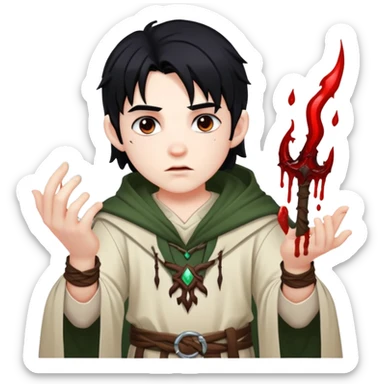 Blood, boy with black hair and druid clothes, casting blood magic sticker