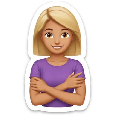 Woman with arms crossed holding neck kinda laughing kinda just done sticker