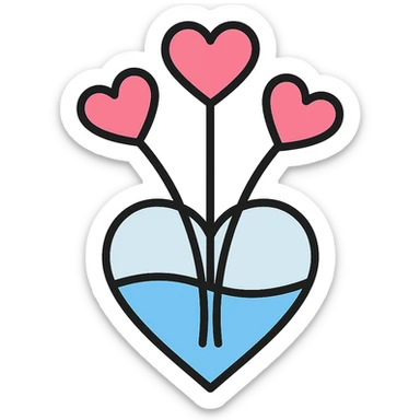 clear heart-shaped vase with pink heart-shaped flowers, minimalistic and elegant, transparent background sticker