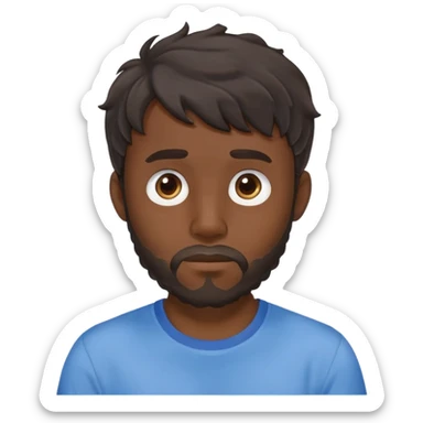 Man with longer dark brown wavy hair past ears with wavy bangs, short beard covering whole face, neutral expression, basic blue t-shirt sticker