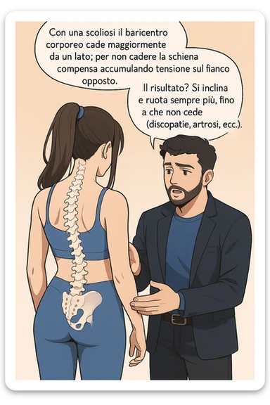 fai questa immagine in versione manga/webtoon a colori, il manga mostra la donna di spalle, mentre l'uomo le tocca la spina dorsale per spiegarle come funziona la scoliosi:
Con una scoliosi il baricentro corporeo cade maggiormente da un lato; per non cadere la schiena compensa accumulando tensione sul fianco opposto.
Il risultato? Si inclina e ruota sempre più, fino a che non cede (discopatie, artrosi, ecc) sticker