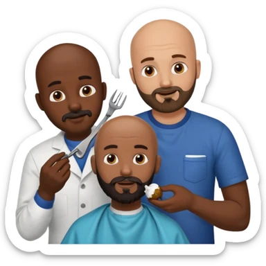 A bald man with a dark brown beard cutting someone’s hair at a barber shop and the other guy is eating a poop ball and the poop ball has eyes sticker