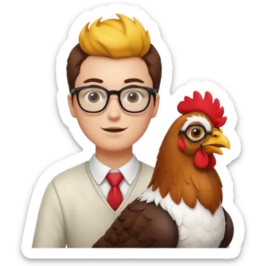 A dued whareing glasses that's ridding a dog-chicken mix sticker