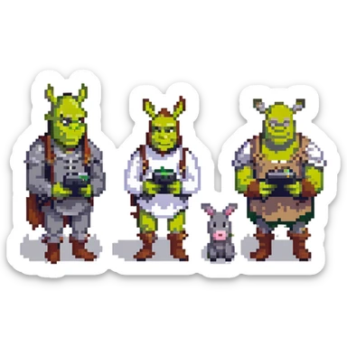 Shrek and Donkey texting on their phones in pixel art style sticker