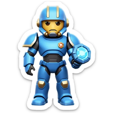 Clash of Clans aesthetic: Cinematic Playful Terran Marine Hero Emoji, rendered in a 3D vector-style similar to standard emojis with minimal shading and bold, simplified shapes. A compact, heroic isometric figure clad in futuristic power armor with signature energy accents, softly glowing with a cosmic battle charm. Simplified yet unmistakably iconic, highly detailed and consistent, glowing with a soft radiant shine and high gloss. Stylized with a touch of interstellar valor and a soft glowing outline, capturing the essence of an elite space warrior with a friendly, playful manner! sticker