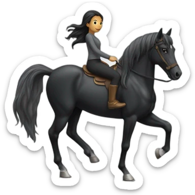 A girl ride of a black horse with a grey foot sticker