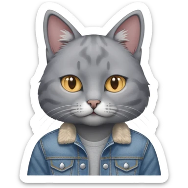 Gray cat with calm eyes, half body, jean jacket sticker