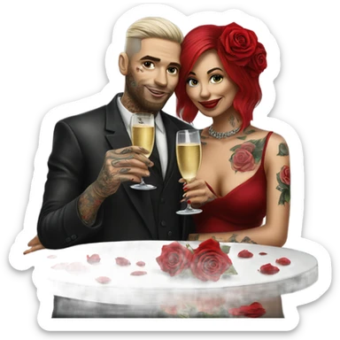 Hyper Realistic tattooed couple drinking champagne with red roses  sticker