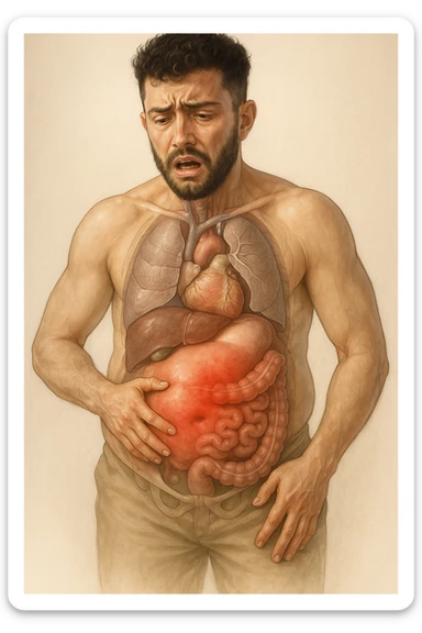 Uomo con dolore per via del suo gonfiore alla pancia vista anatomica immagine realistica in 3D sticker