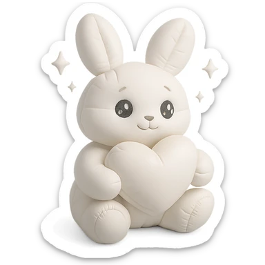 full-body milky white bunny with sparkling eyes, holding a big heart, sparkles floating around, dreamy pose, cushion style sticker