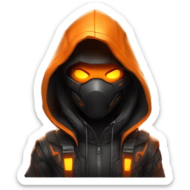 developer behind his laptop with this style : crysis Cyberpunk Valorant orange glowing bright orange character orange black hooded assassin themed character sticker