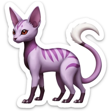 Purple, white, black, Minccino-Sphynx-Lykoi-Linoone-Zangoose-fusion-hybrid-animal-Fakémon-creature, full body, thin long sleek scaly tail, intricate markings sticker