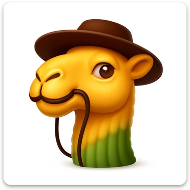 Make a camel emoji exactly like the reference image, in iOS emoji style. Same face, neck, and expression, smooth and shiny. Add a soft shadow. sticker