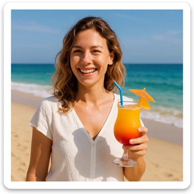 take this picture of a woman and make it  beach photo with drink sticker